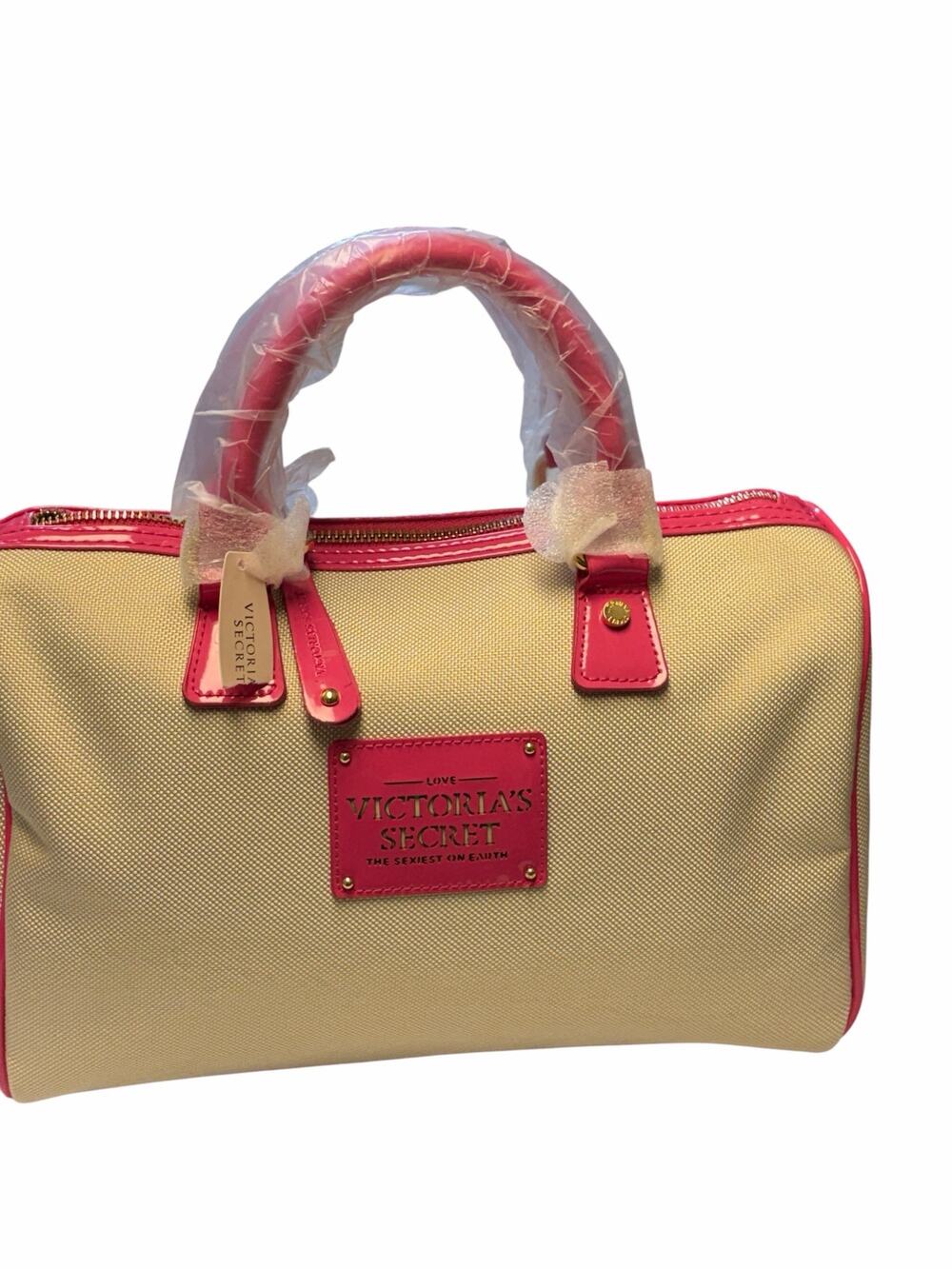 Victoria’s Secret Canvas Satchel Tote Bag Pink Trim Beige Gold Zip NWT
